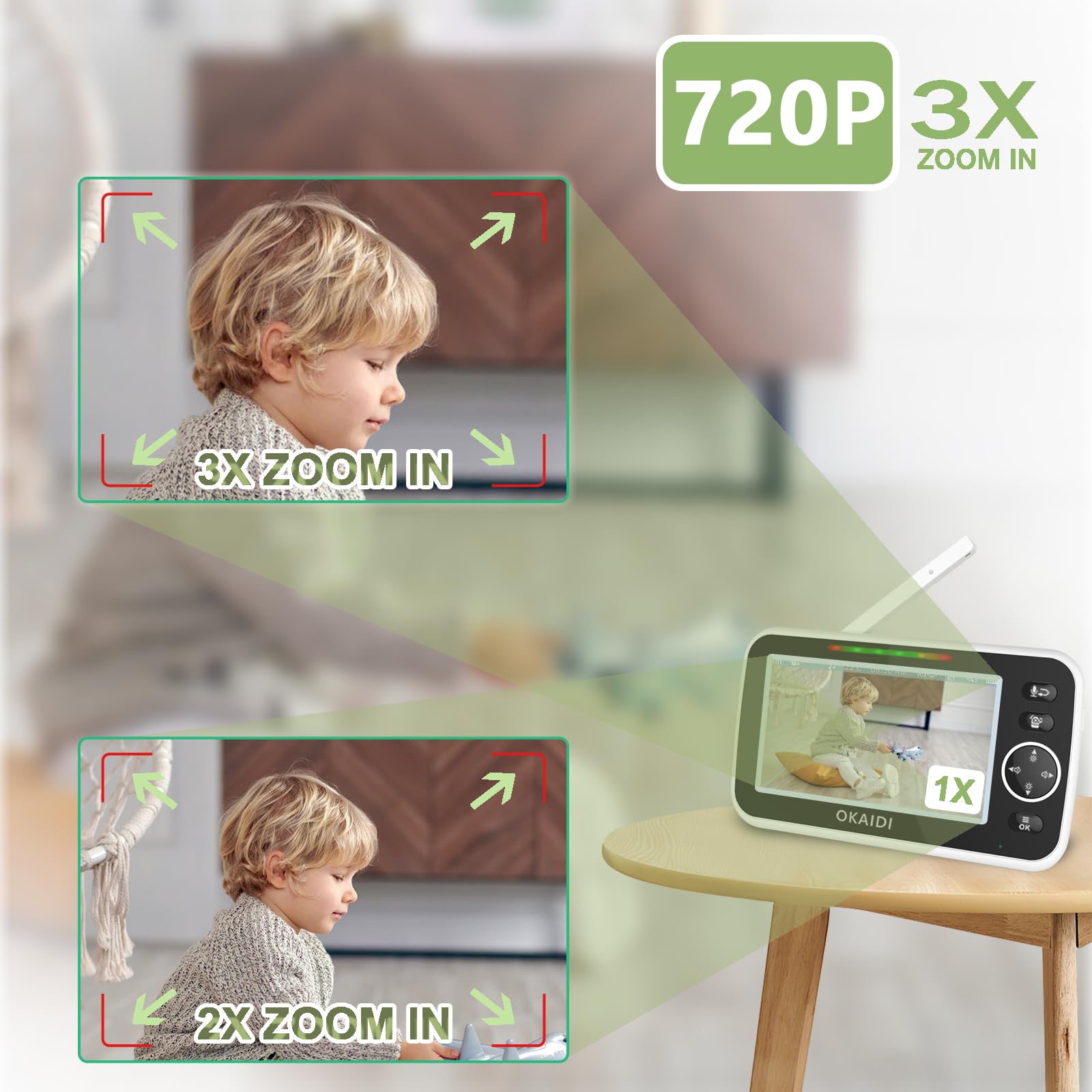 OKAIDI monitor offers up to 1000ft range for reliable home coverage.