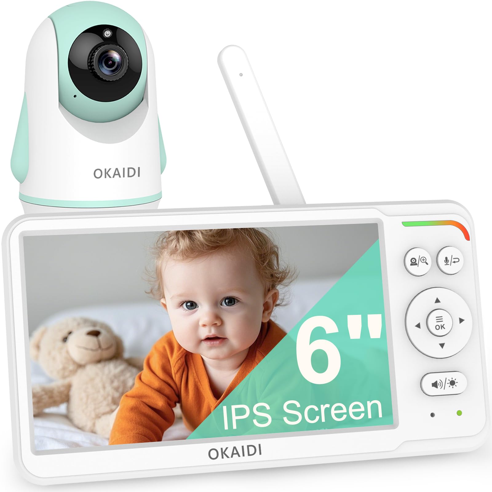 OKAIDI baby monitor 6inch screen offers clear nursery viewing for parents.