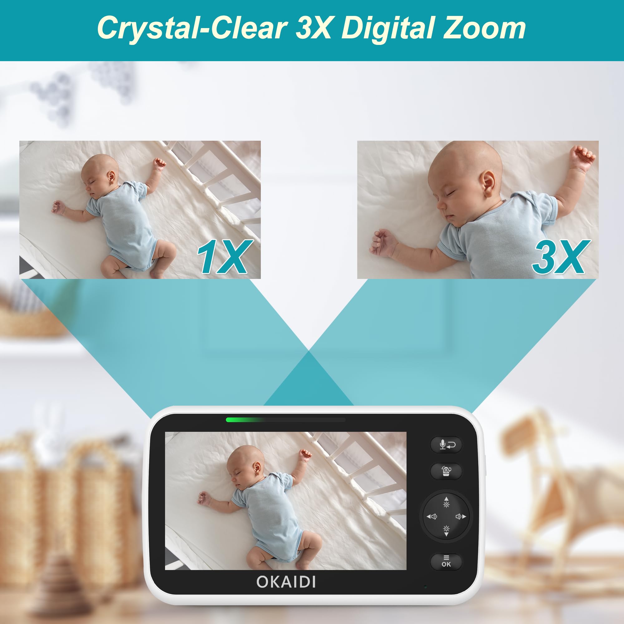 OKAIDI soothing lullabies and night lighting for calming baby.