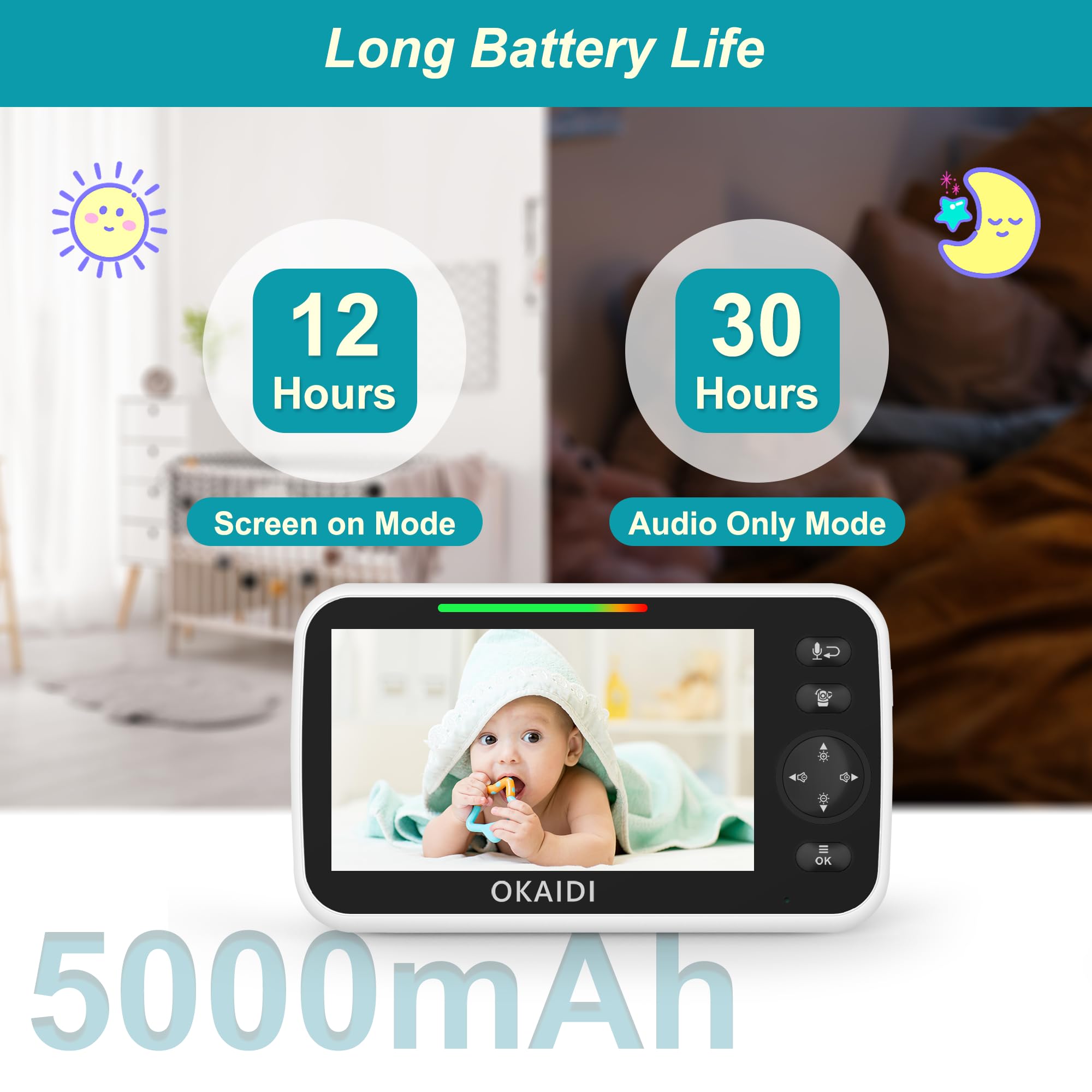 OKAIDI baby monitor night-vision view for dark rooms.