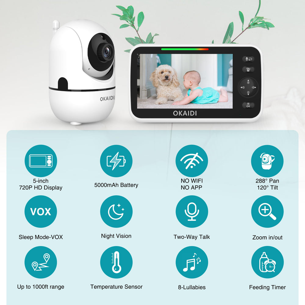 OKAIDI baby monitor wifi-free range illustration for private monitoring.