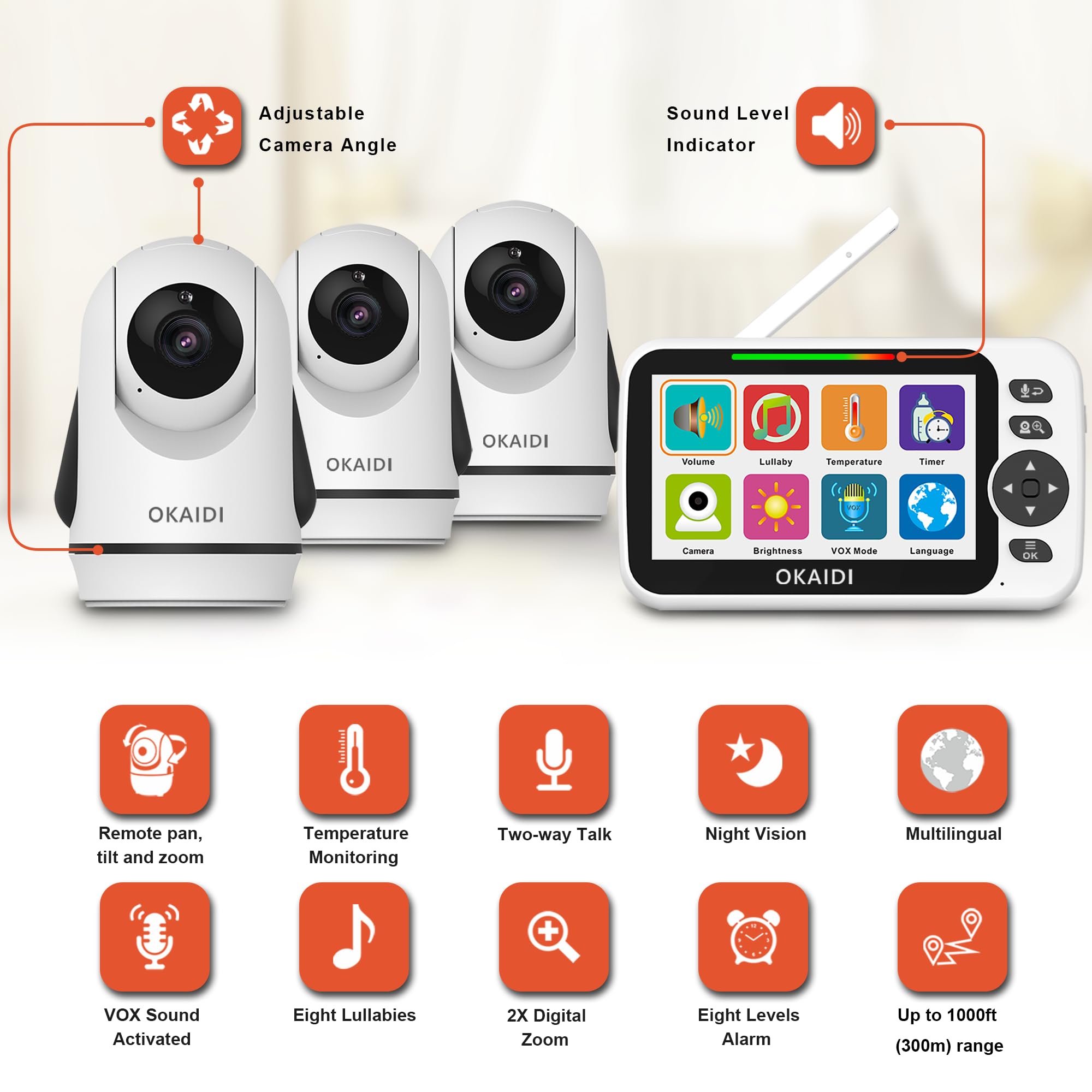 OKAIDI camera PTZ with 3-camera kit enables flexible viewing angles.