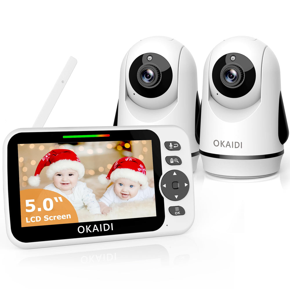 OKAIDI video baby monitor dual cameras on a 5-inch display for easy monitoring.