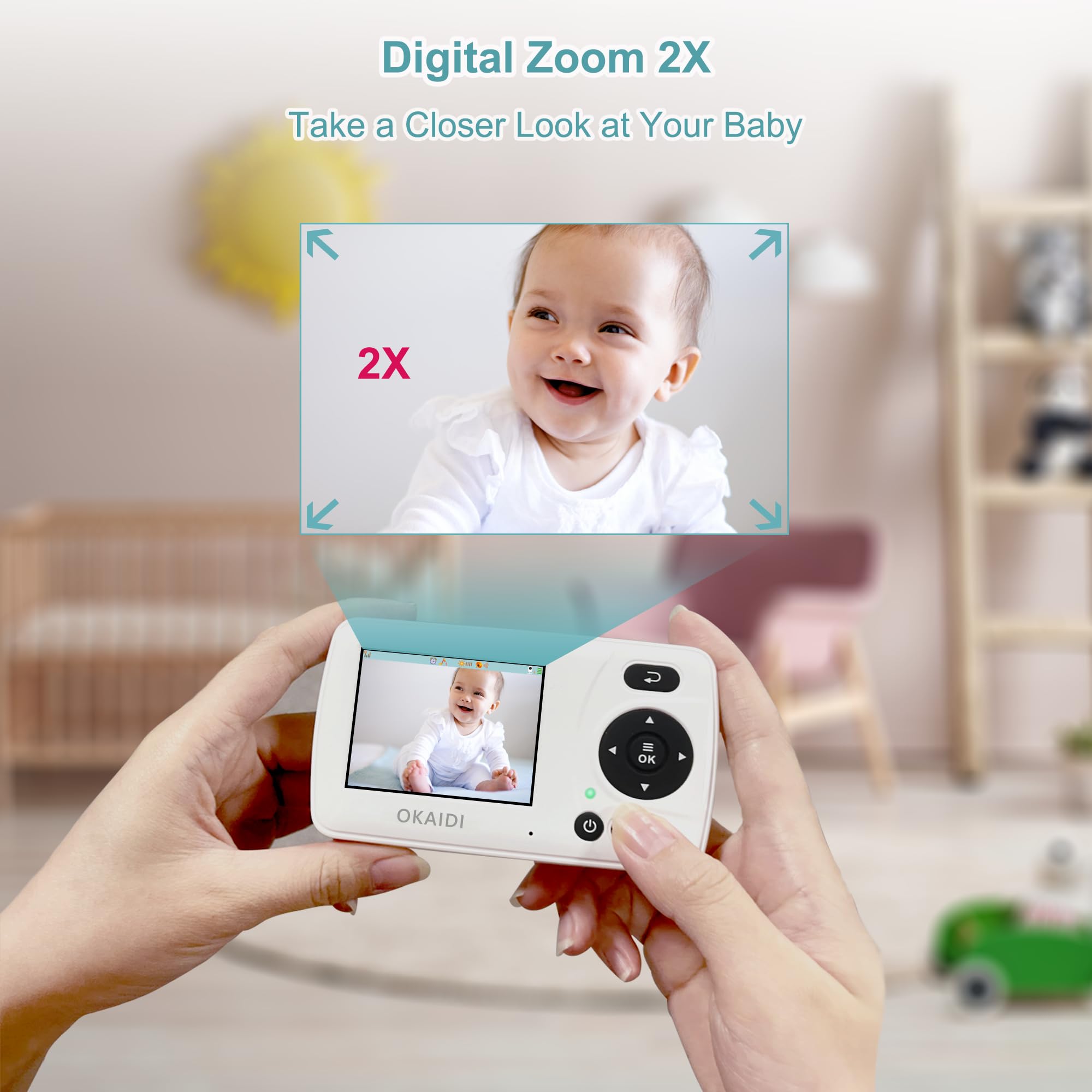 OKAIDI video baby monitor portable display supports travel-friendly monitoring on the go.