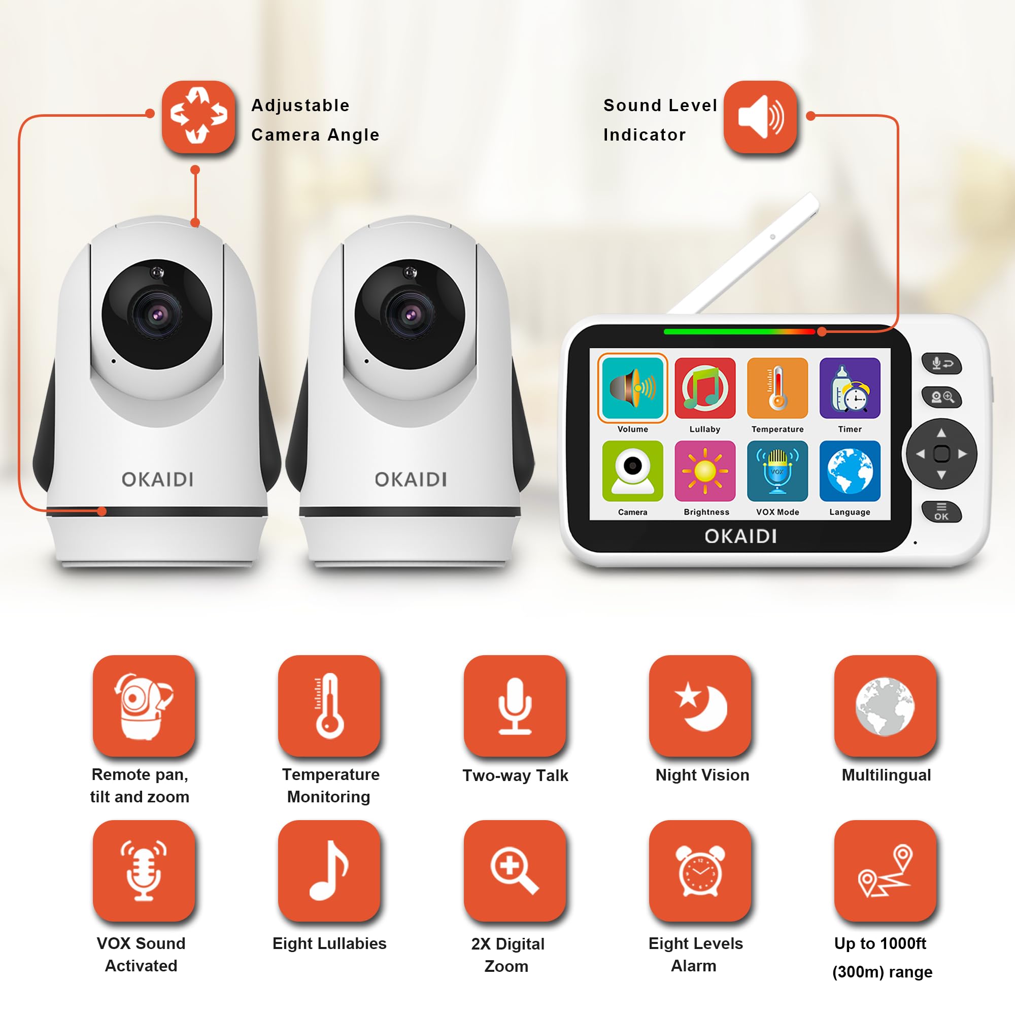 OKAIDI video baby monitor PTZ cameras switch for flexible viewing across rooms.