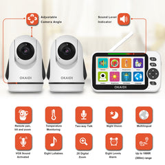 OKAIDI video baby monitor PTZ cameras switch for flexible viewing across rooms.