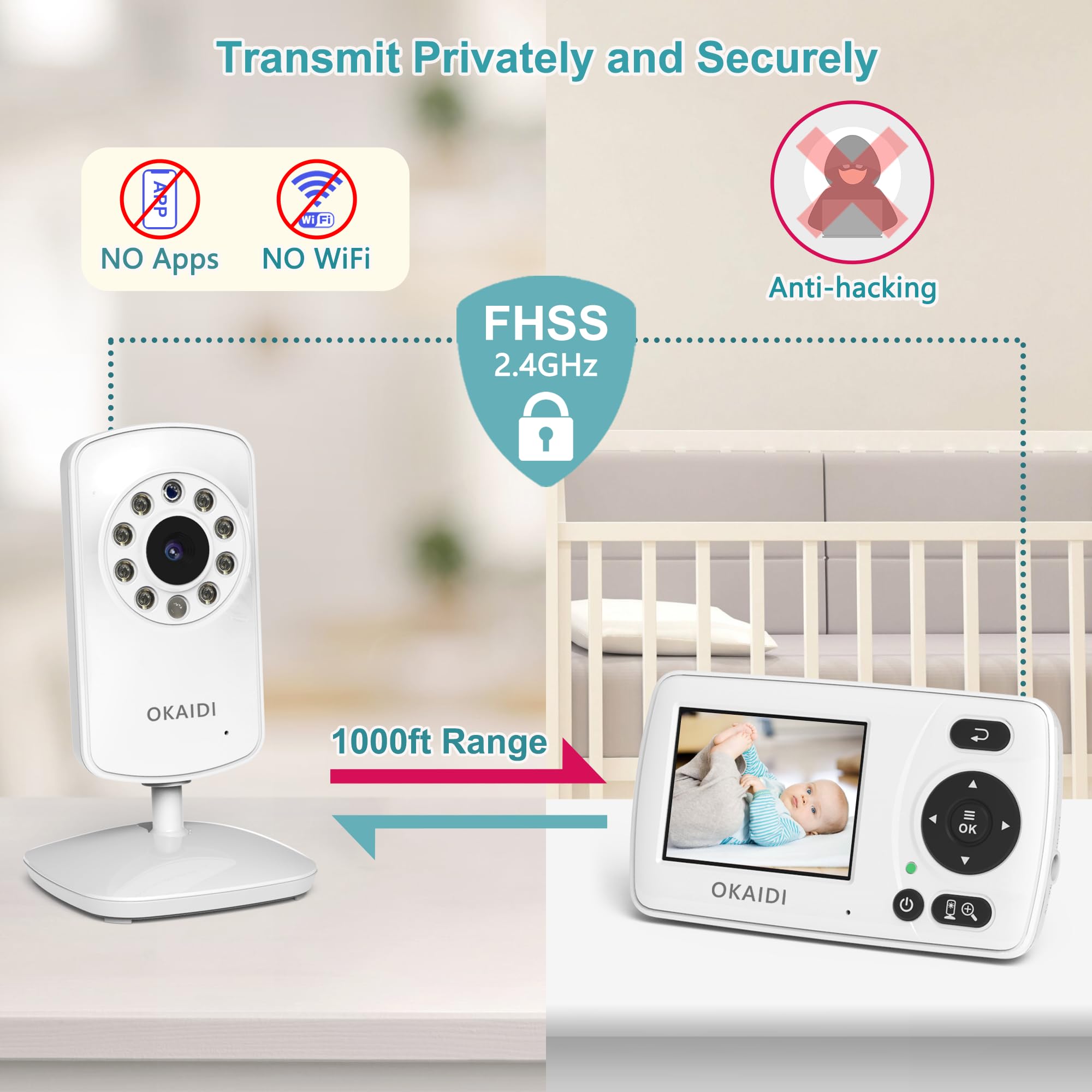 OKAIDI video baby monitor tilt 120° and rotate 360° for optimal baby-angle viewing.
