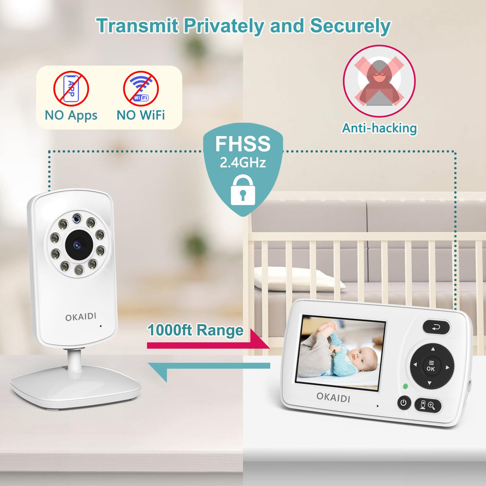 OKAIDI video baby monitor tilt 120° and rotate 360° for optimal baby-angle viewing.
