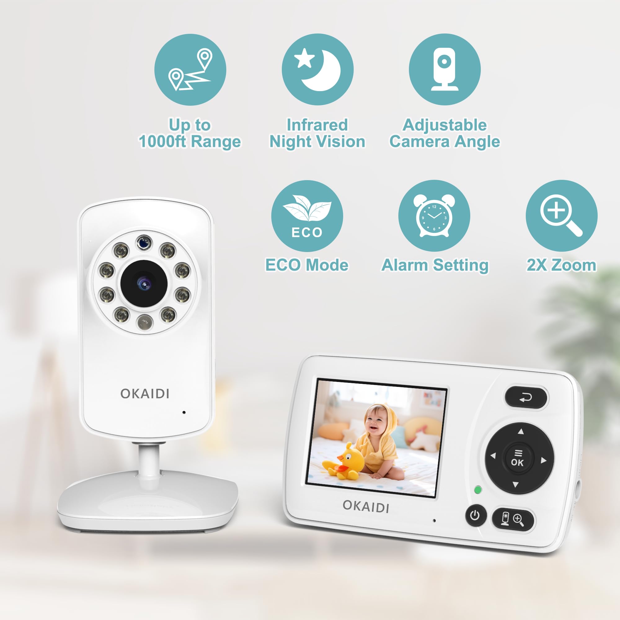 OKAIDI video baby monitor wake-on-sound highlights quick alerts and easy nighttime checks.