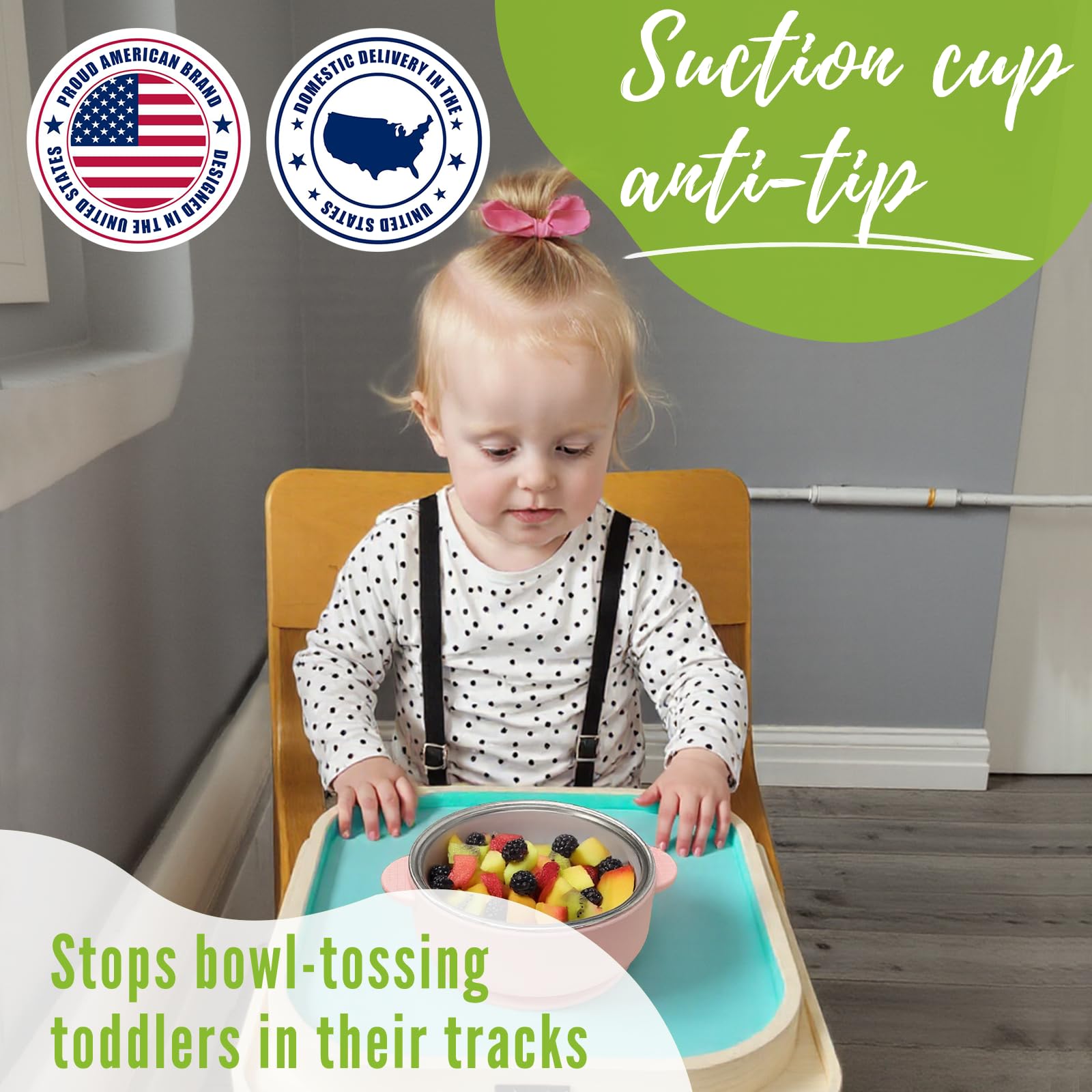 OKAY ORANGE strong suction cup reduces spills during meals.