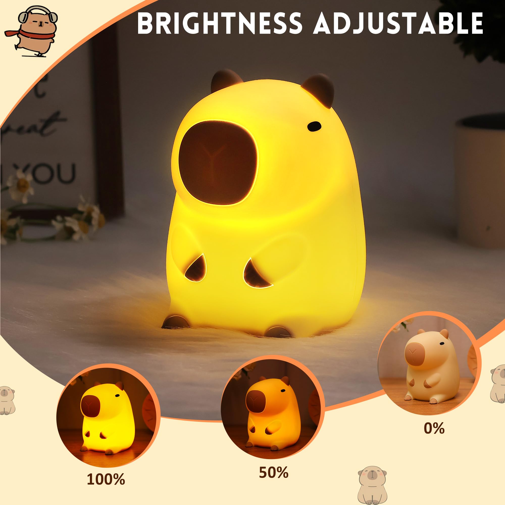 Okayera capybara silicone night light shows BPA-free safety for kids' rooms.