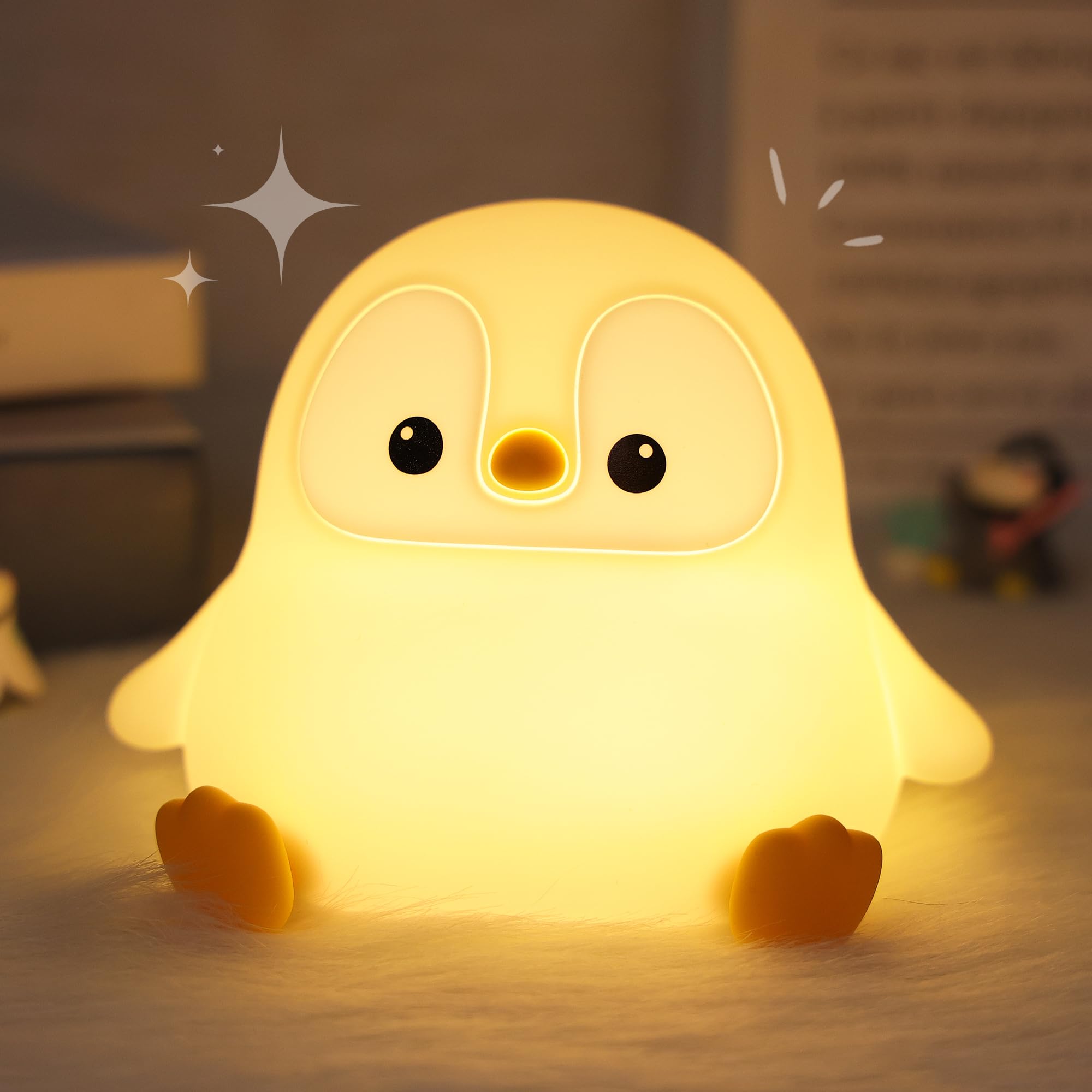 Okayera Penguin Night Light, front view, soft bedtime glow.