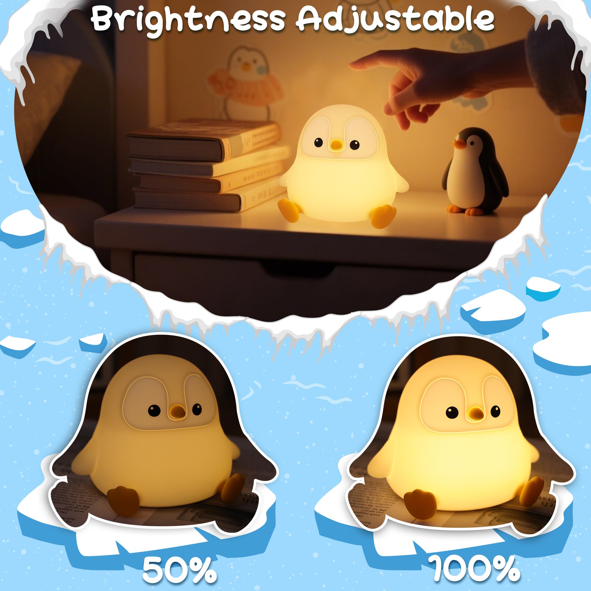 Okayera Penguin Night Light with gentle dim glow for reading.