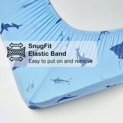 BubblePanda 360-degree elastic fit demonstrates snug hold on standard crib mattress.
