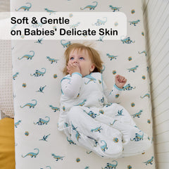 Okayinn BubblePanda dinosaur sheet stretch-fit demonstrates secure elastic
