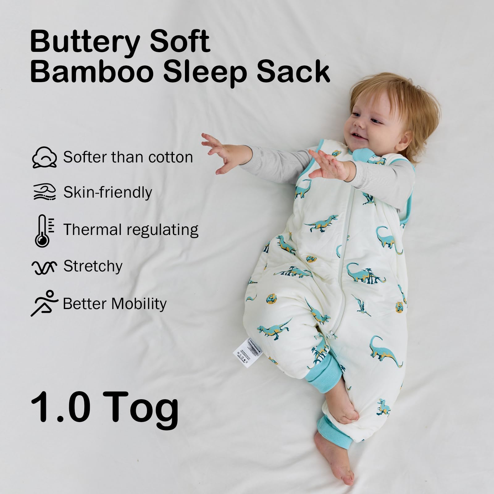 Okayinn BubblePanda sleep sack with feet showing natural leg movement for crawling.