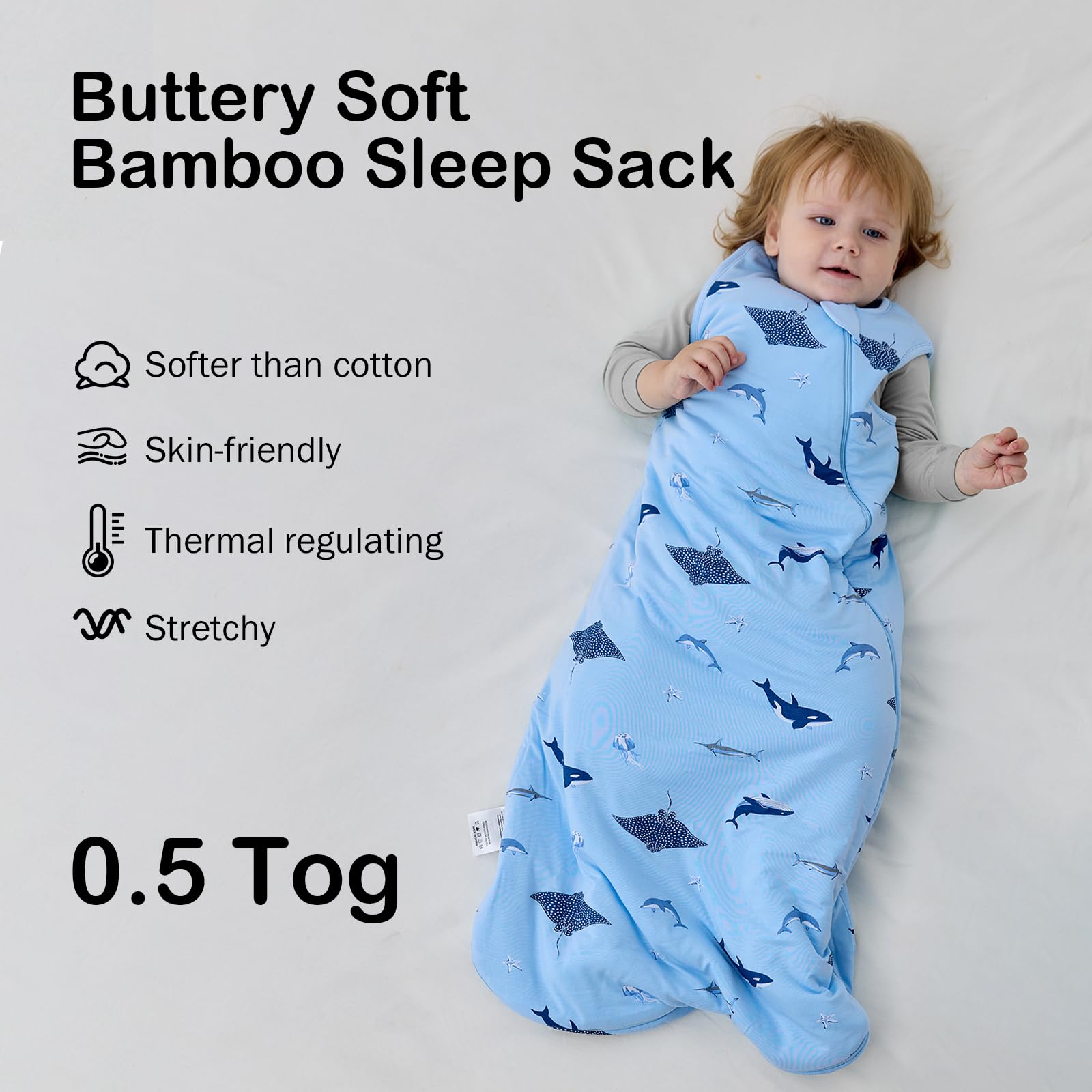 Okayinn BubblePanda sleep sack in bed illustrating wearable blanket use
