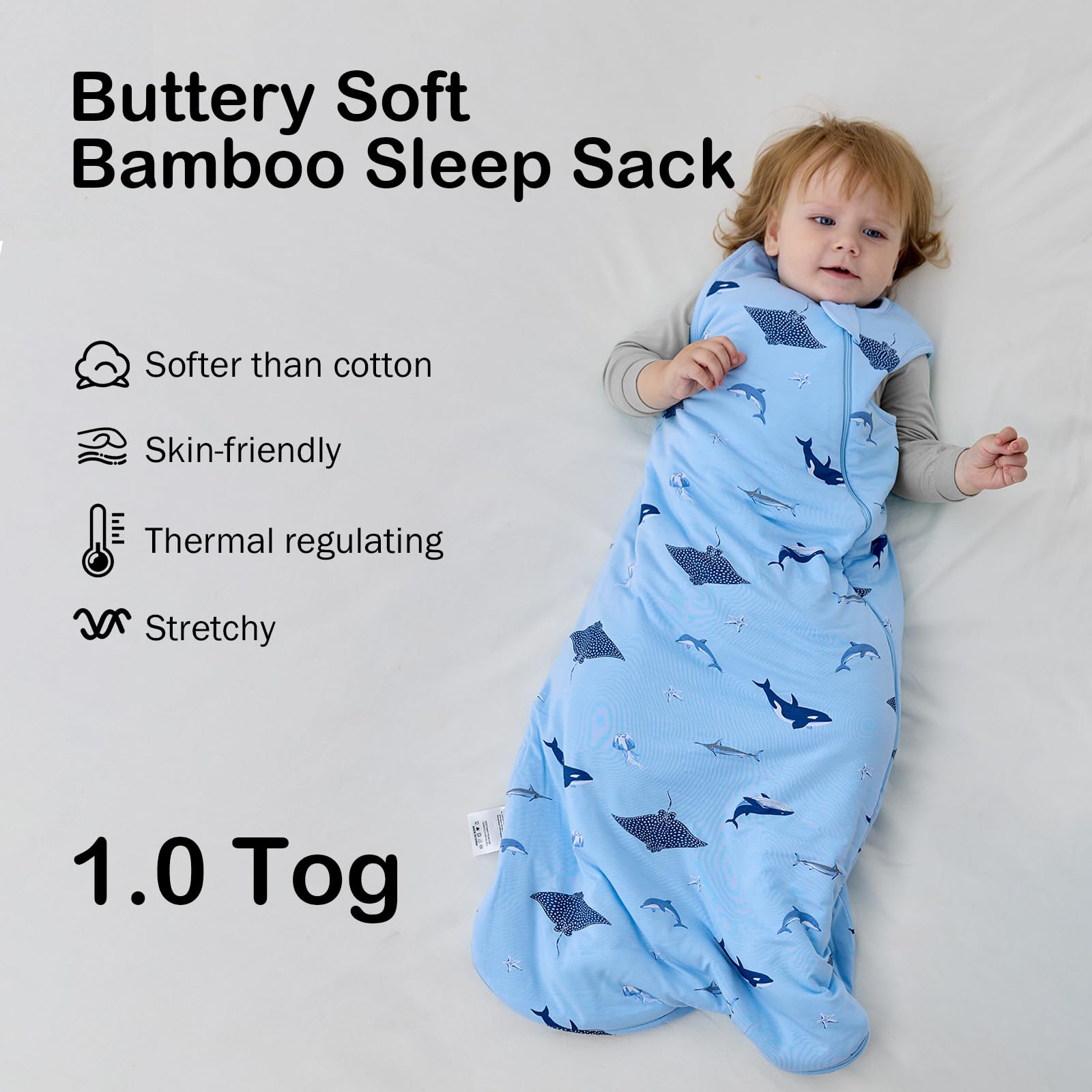 Okayinn BubblePanda sleep sack with a two-way zipper for easy midnight diaper changes.