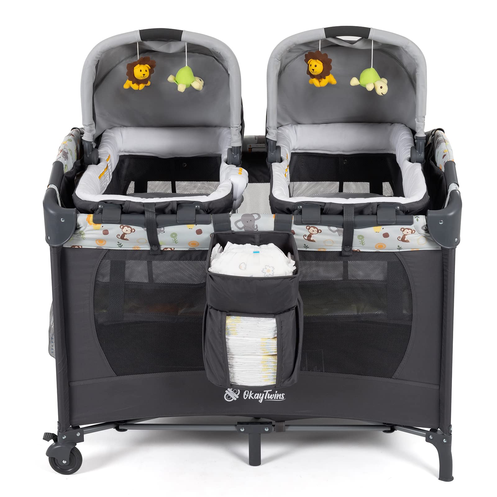 Okaytwins Twin Bassinet canopy and carry handles enable easy indoor and outdoor use.
