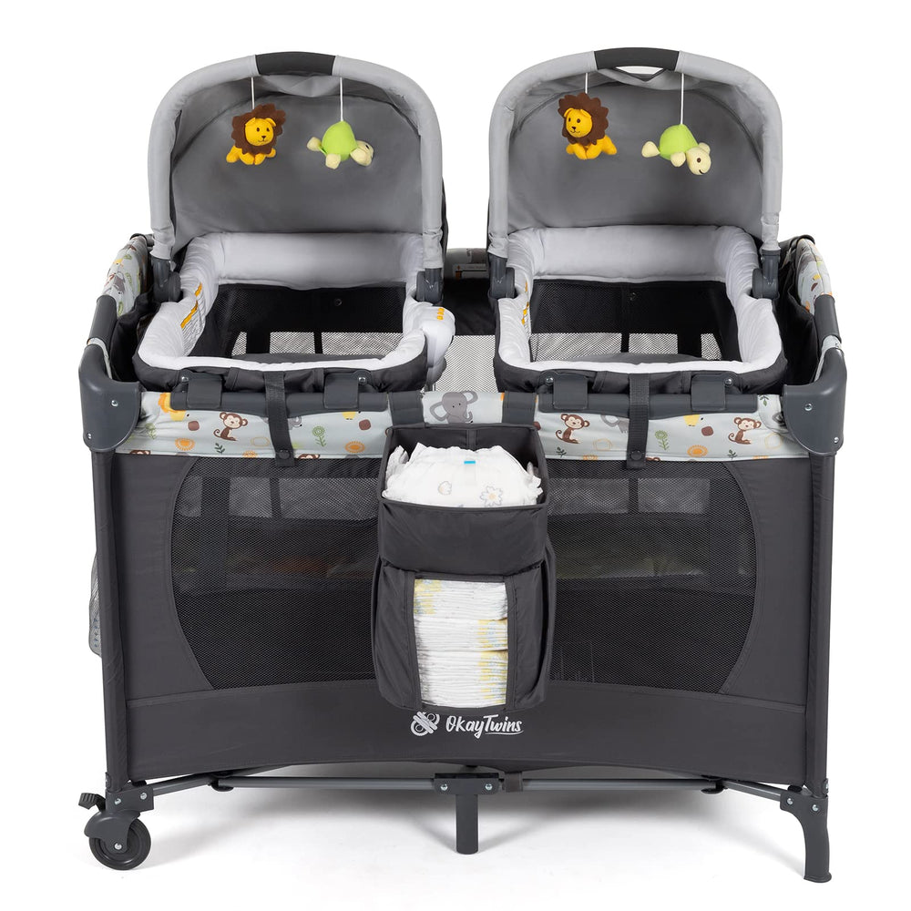 Okaytwins Twin Bassinet canopy and carry handles enable easy indoor and outdoor use.
