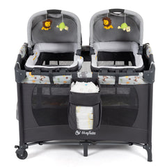 Okaytwins Twin Bassinet canopy and carry handles enable easy indoor and outdoor use.
