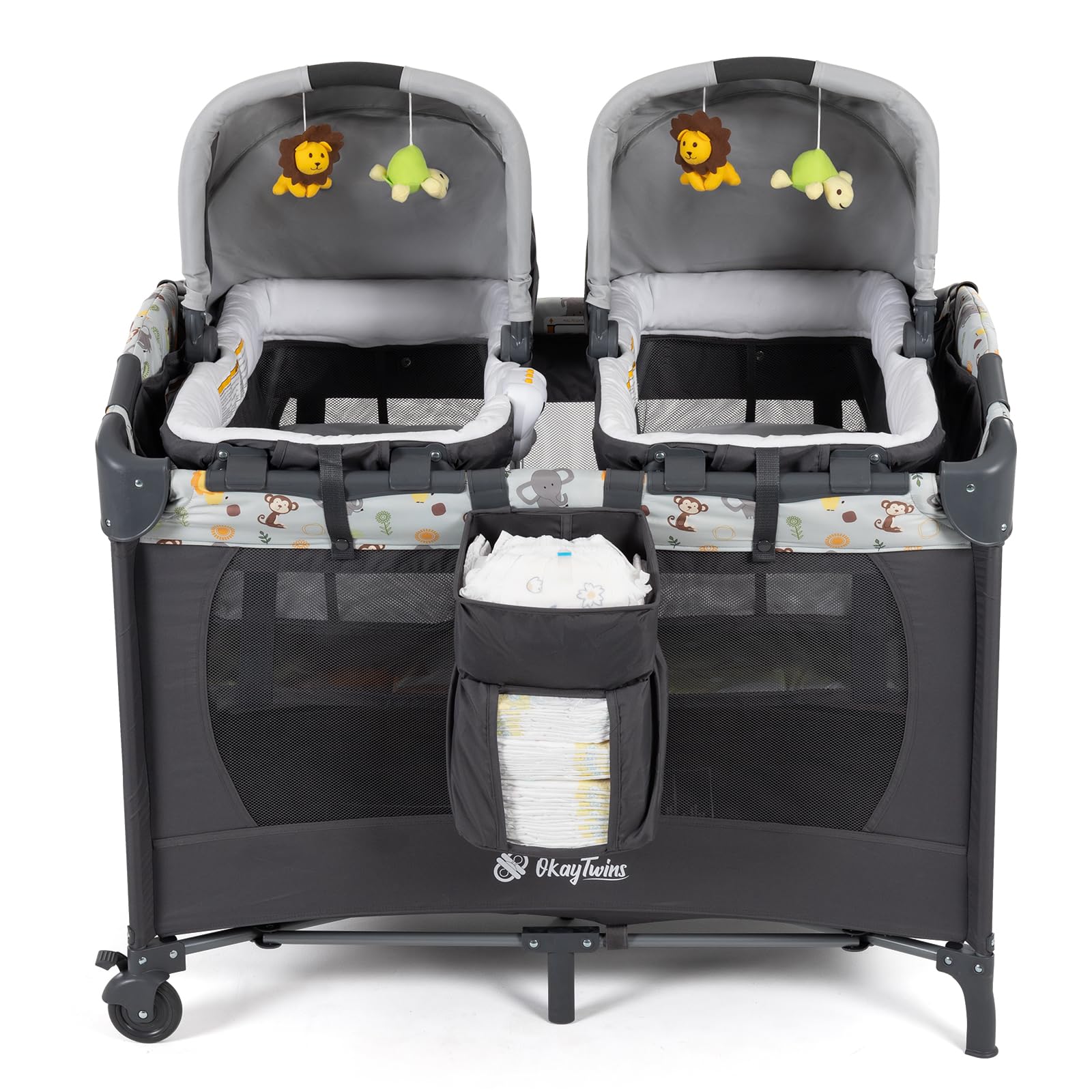okaytwins twin bassinet with canopy and wheeled frame for indoor or outdoor use