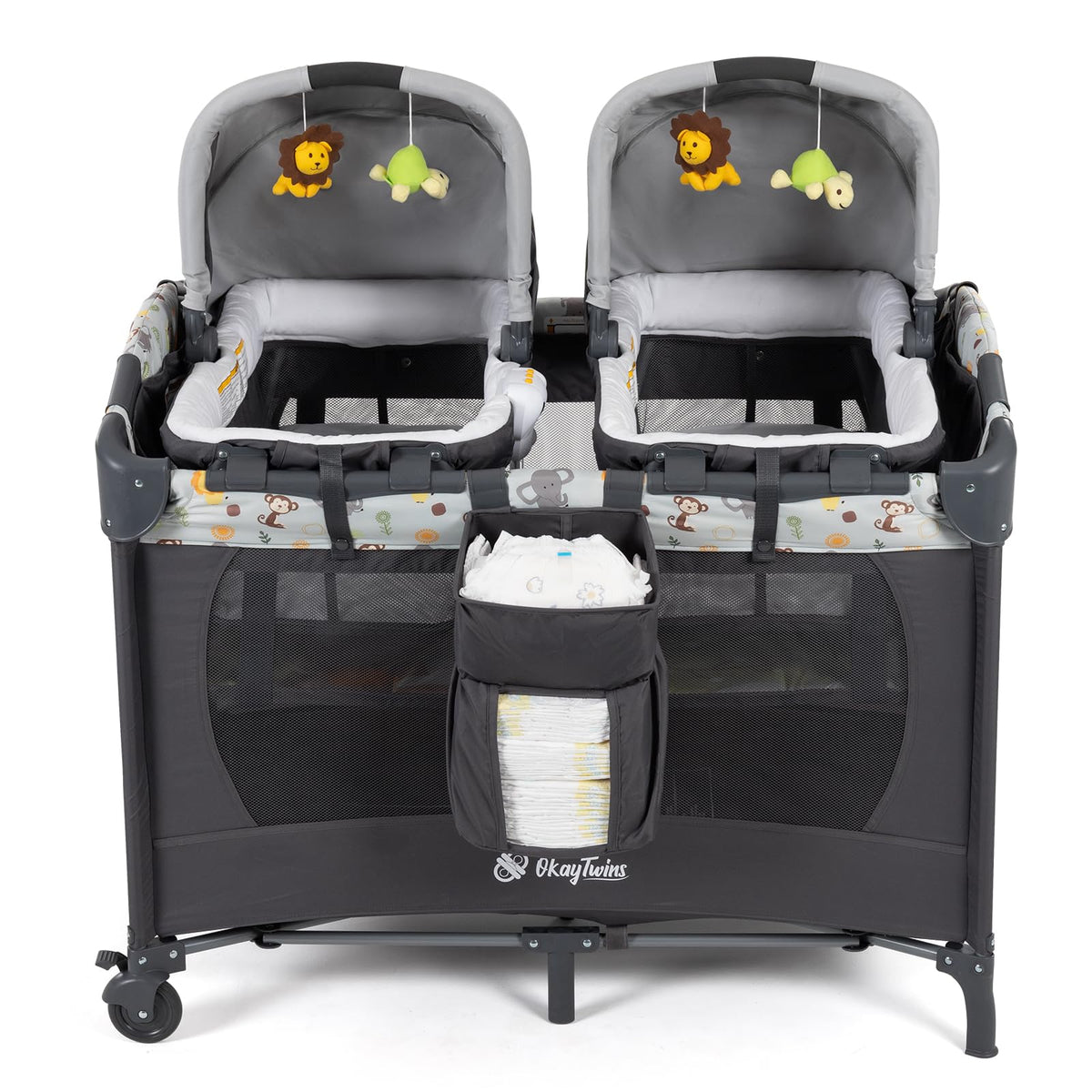 okaytwins twin bassinet with canopy and wheeled frame for indoor or outdoor use