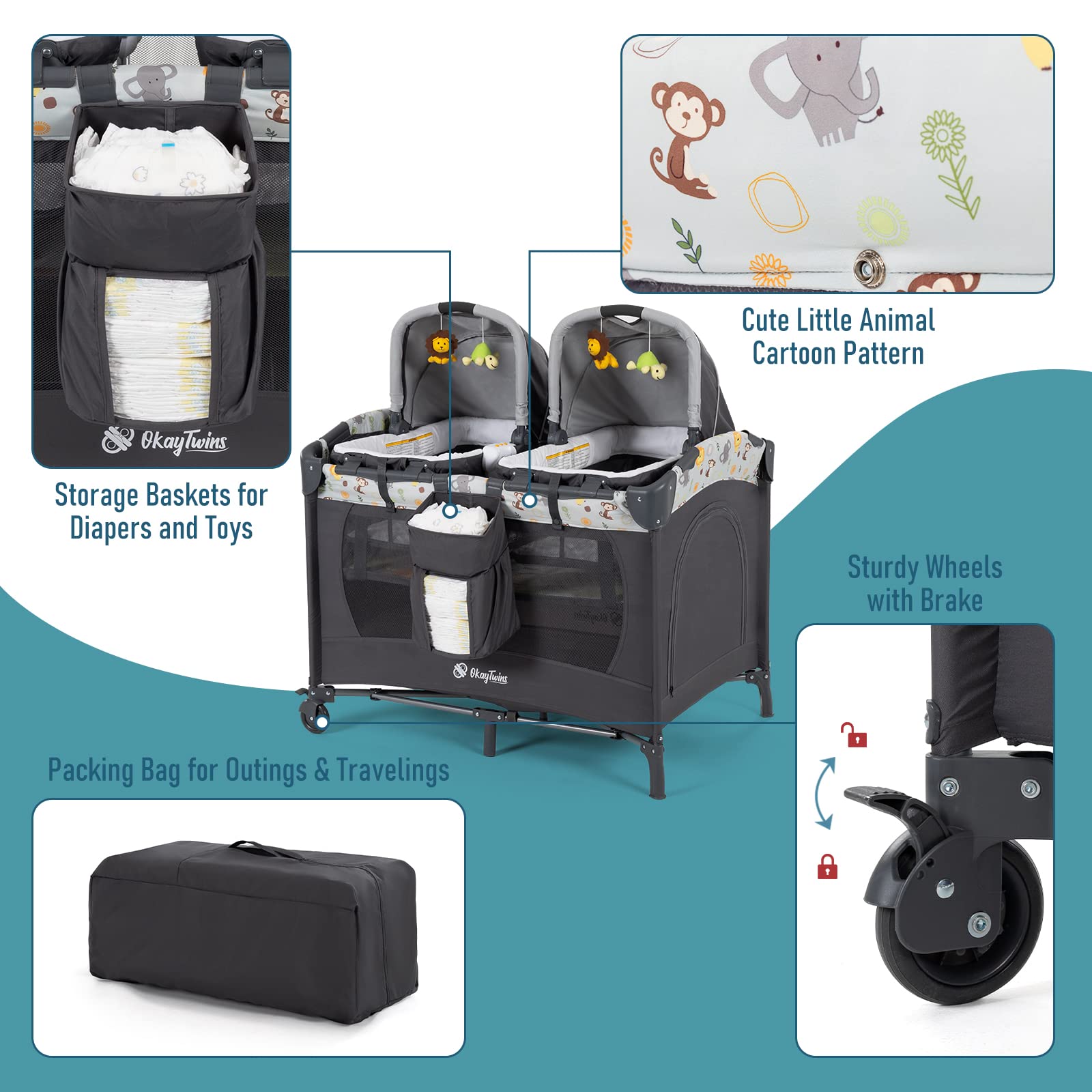 Okaytwins Twin Bassinet storage pockets and wheels simplify organization and mobility.