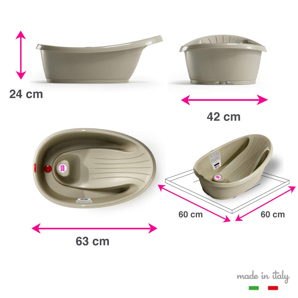 OKBABY Onda Bath integrated thermometer helps monitor water temperature.