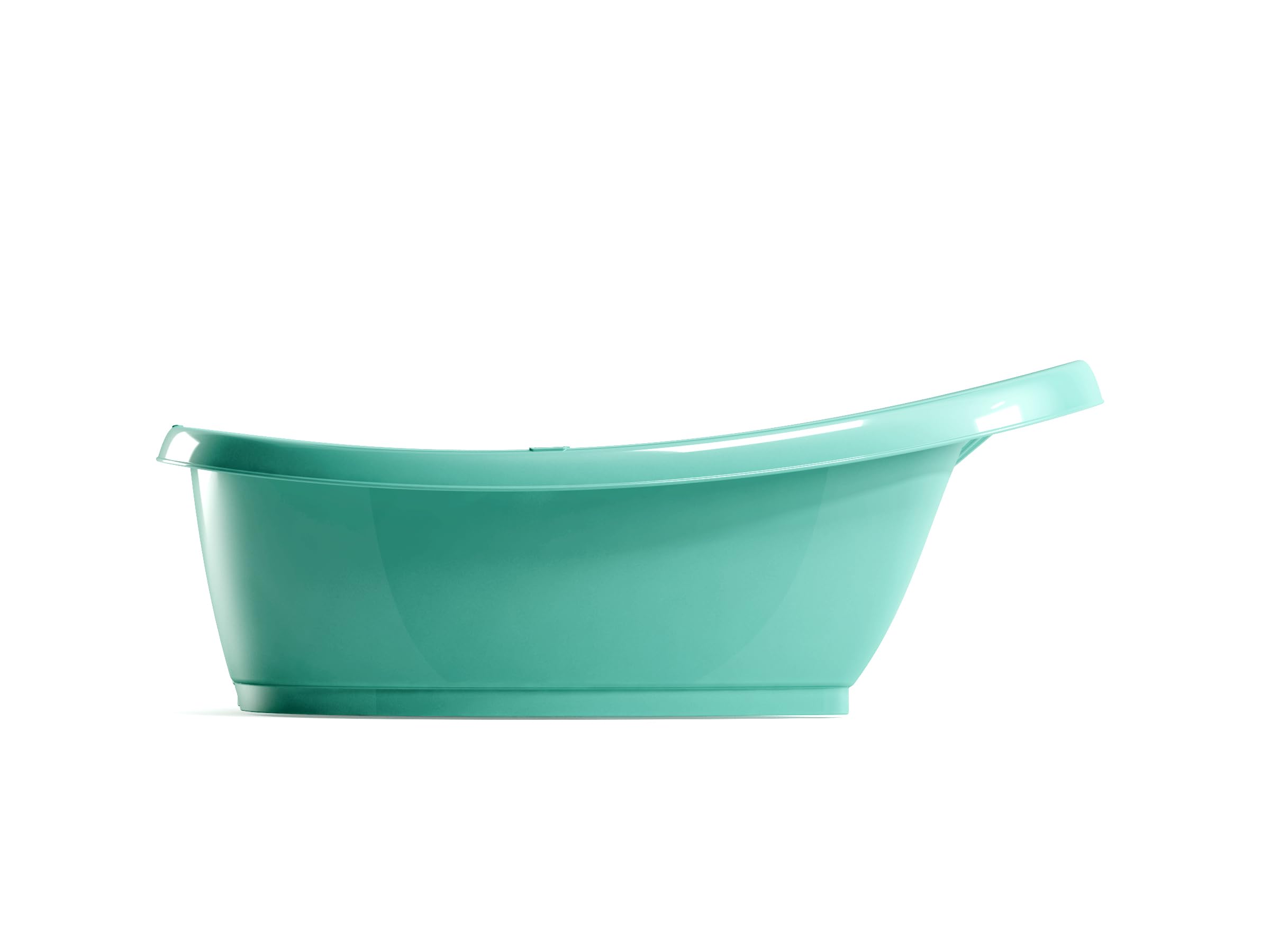 OKBABY Onda bath tub turquoise interior shows integrated thermometer for temperature awareness