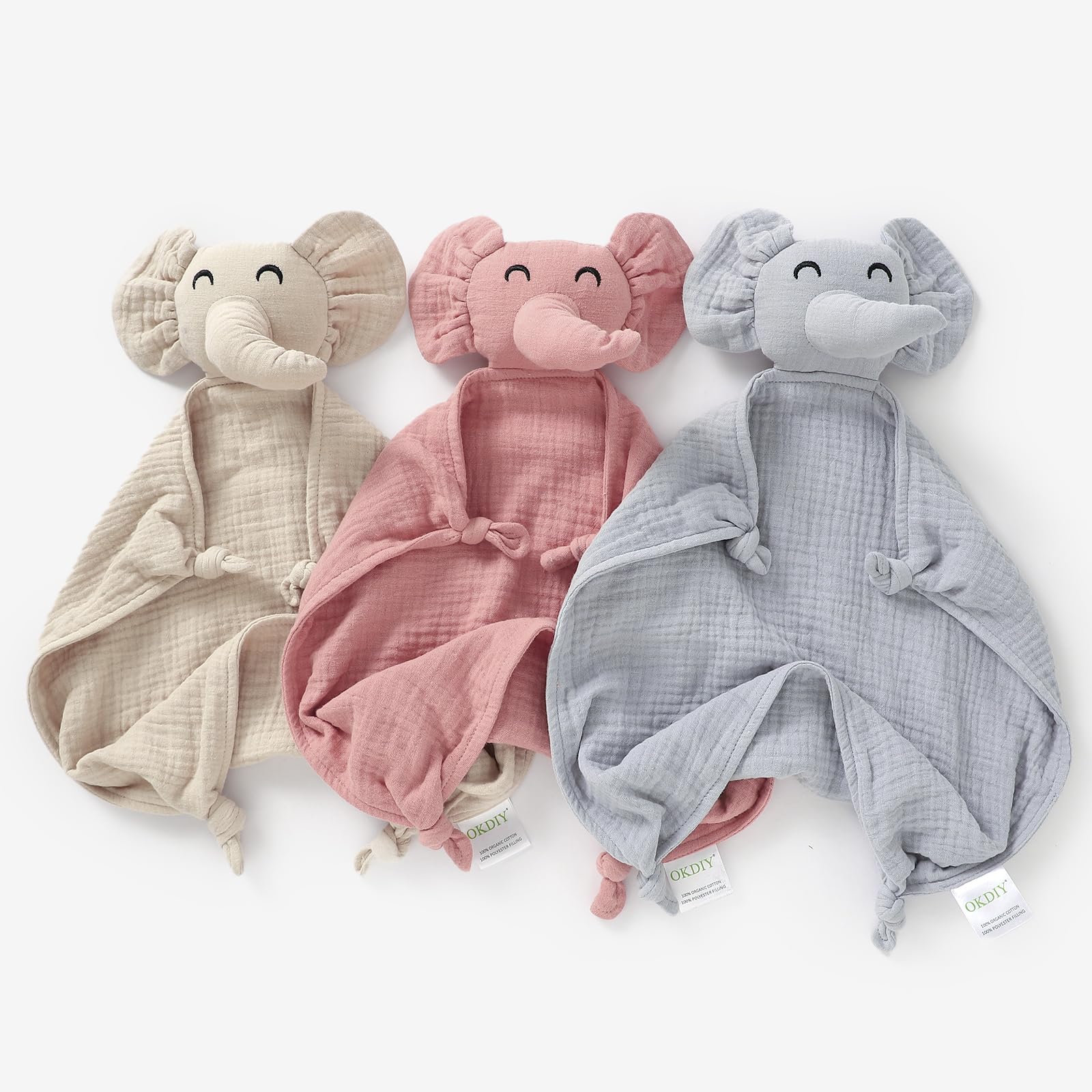 okdiy elephant lovey is machine washable and colorfast for easy care.