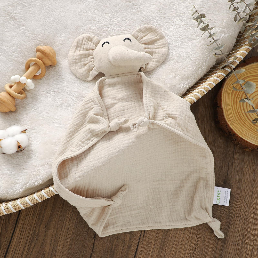 Okdiy Elephant Lovey four corner knots add tactile interest for teething and grip.