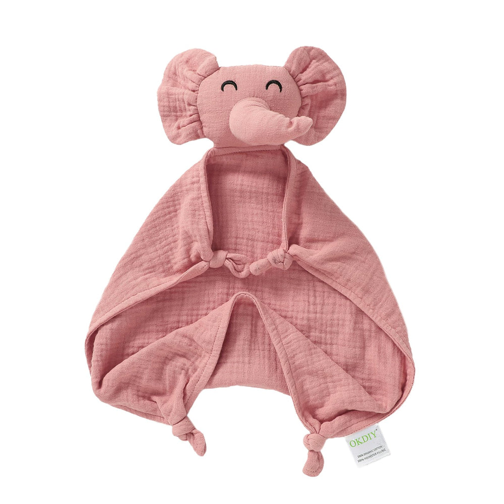 okdiy elephant lovey with double-layer muslin offers soft breathable comfort for babies.
