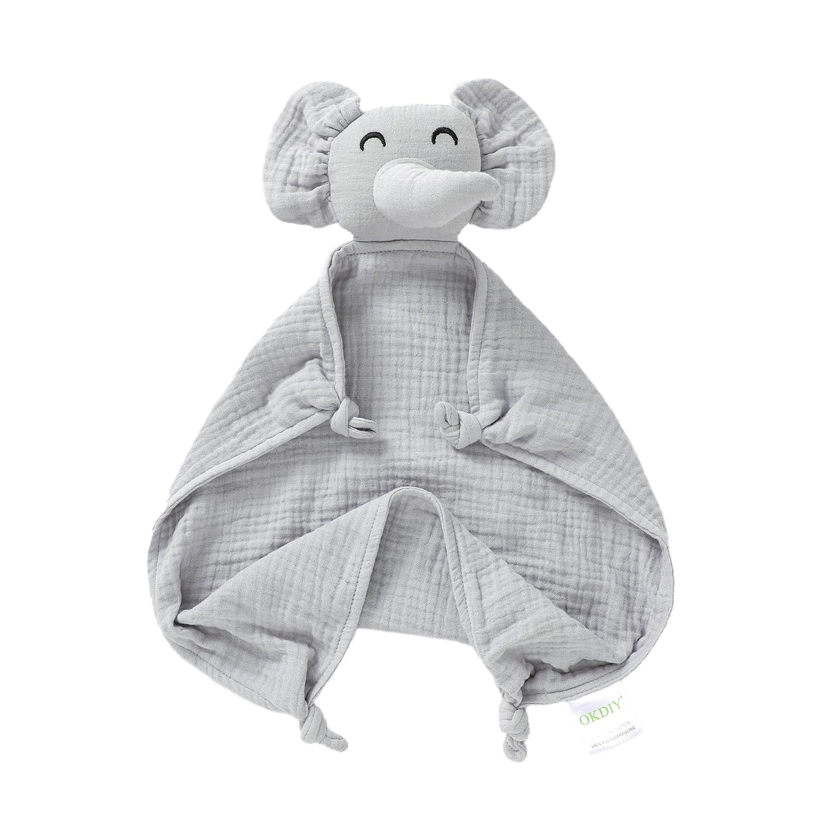 okdiy organic elephant lovey with soft muslin provides gentle nap-time comfort.
