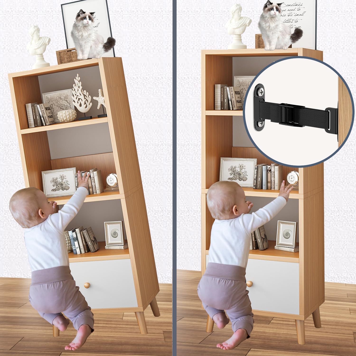 OKE heavy-duty earthquake strap attached to wall for secure furniture during tremors.