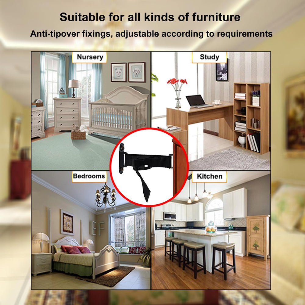 OKE anti-tip anchors in living room keep bookcases and TVs steady.
