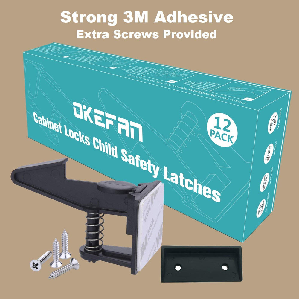OKEFAn black cabinet lock in use on a cabinet door for child safety.