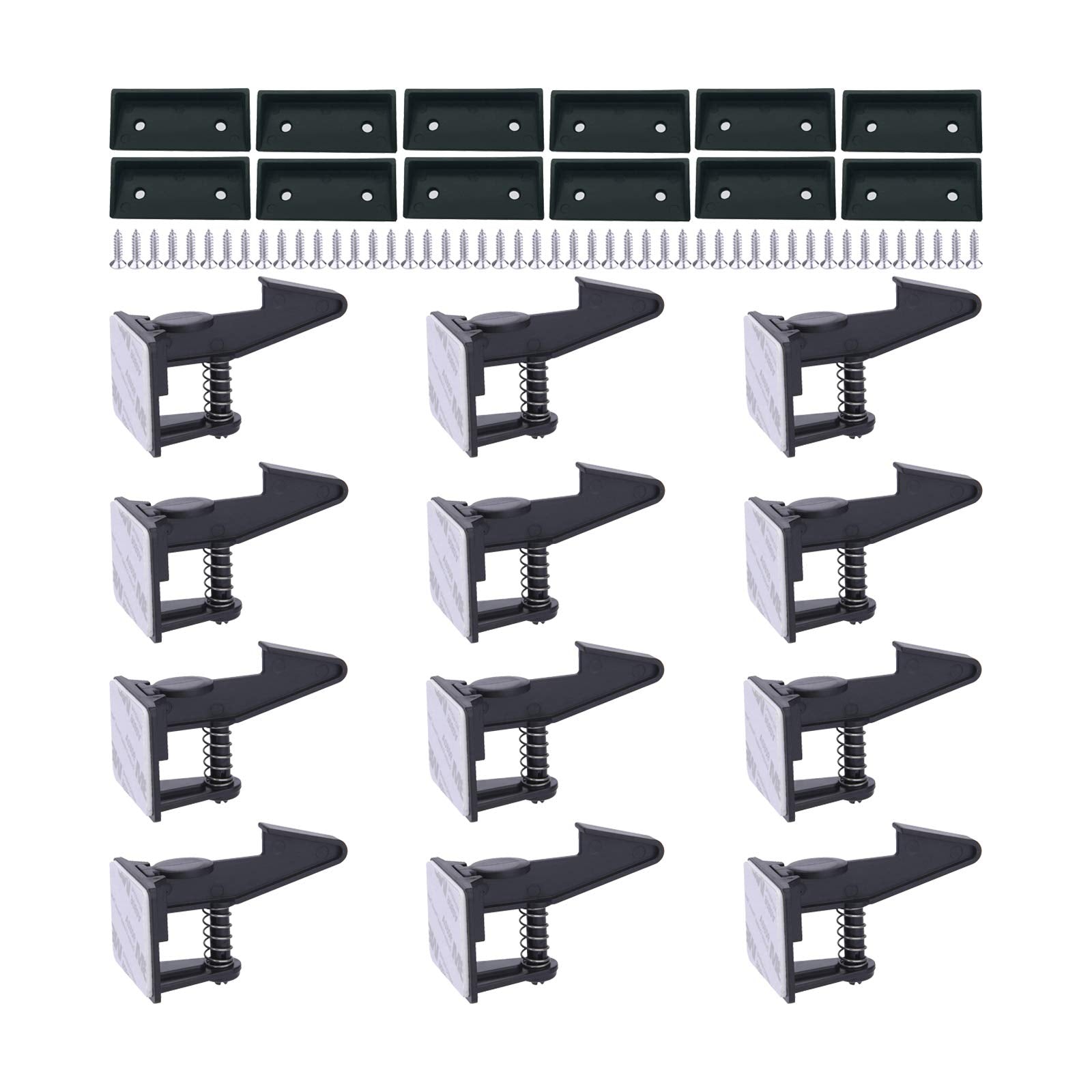 OKEFAn cabinet locks 12-pack box shows tool-free, drill-free safety setup.