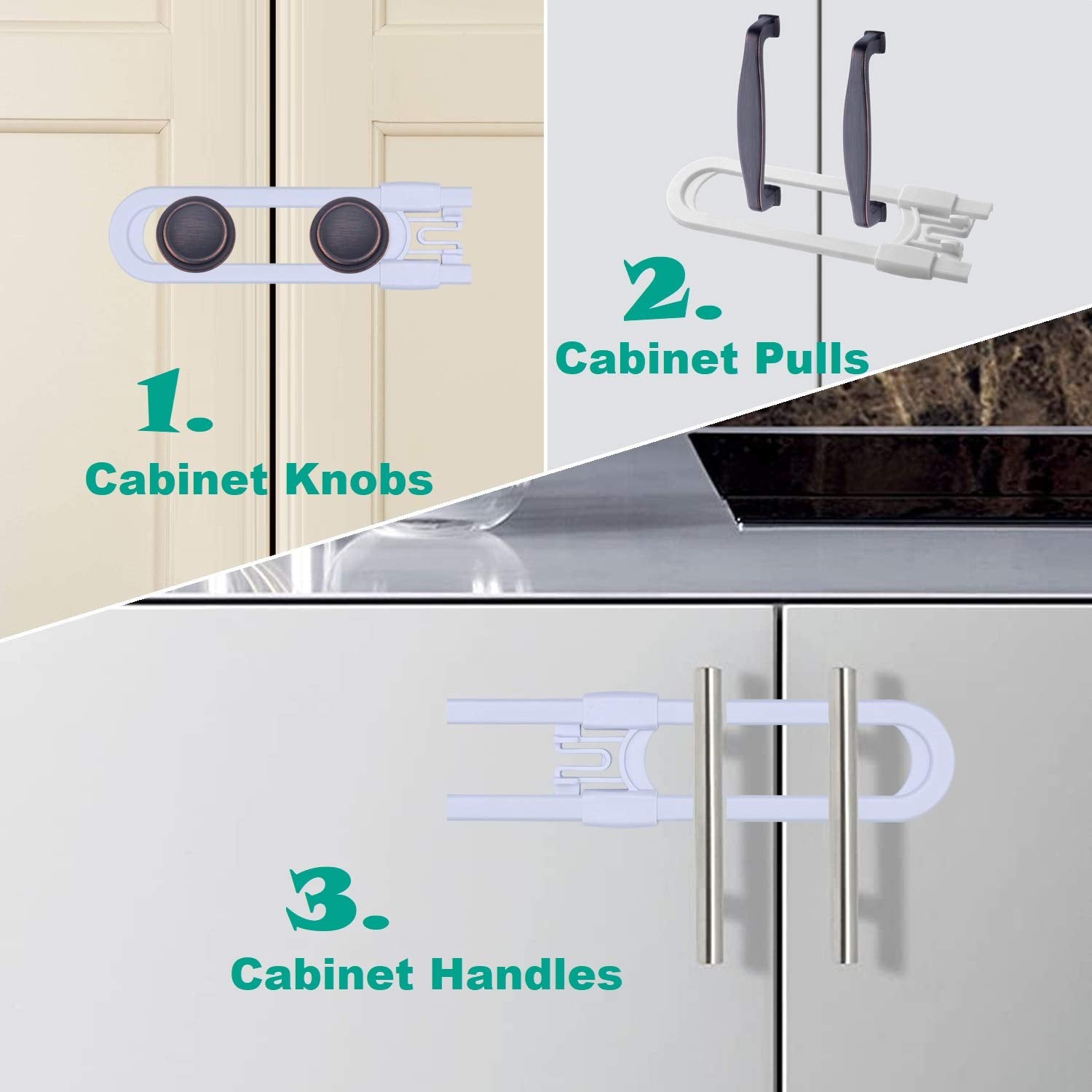 OKEFAn sliding cabinet lock on double door cabinet for kitchen safety.