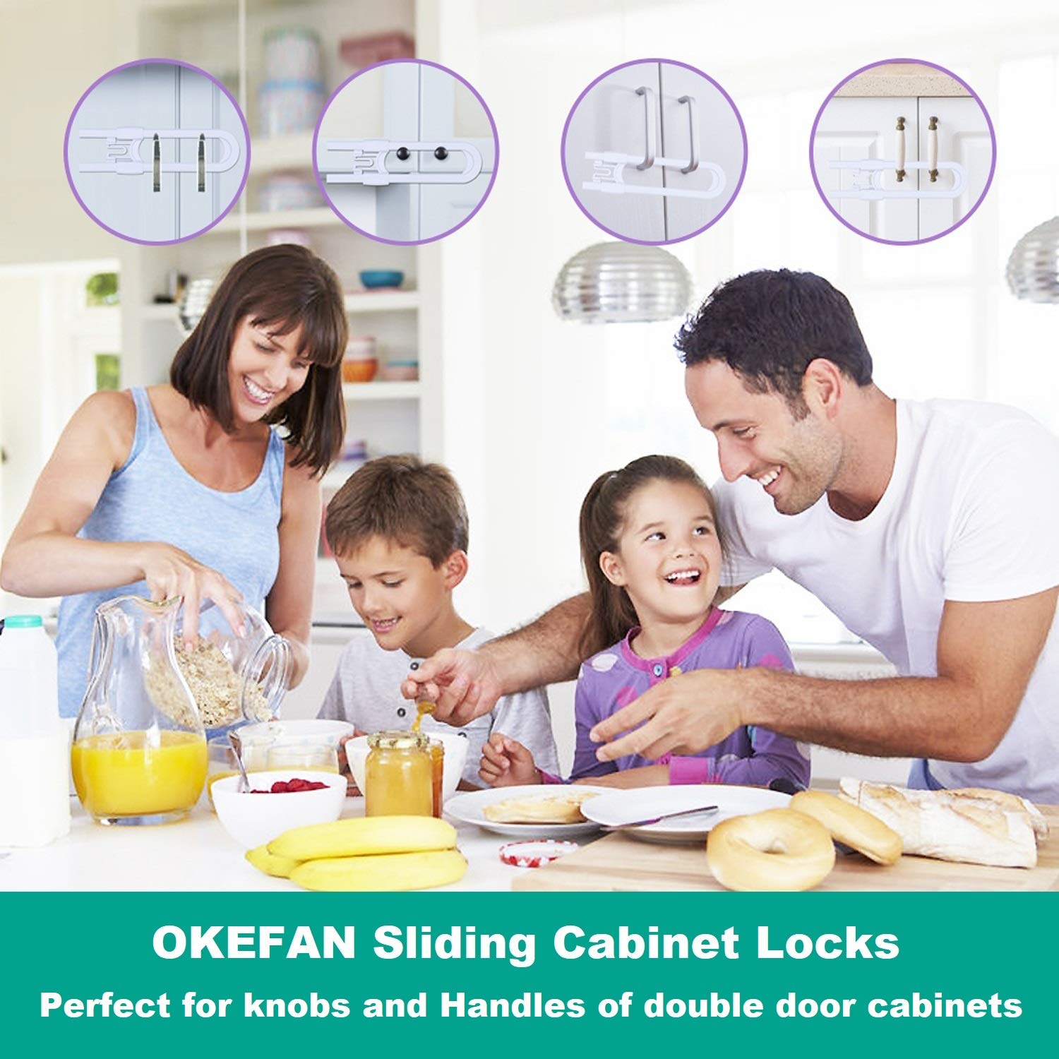 OKEFAn sliding cabinet lock demonstrates multipurpose use on knobs and handles.