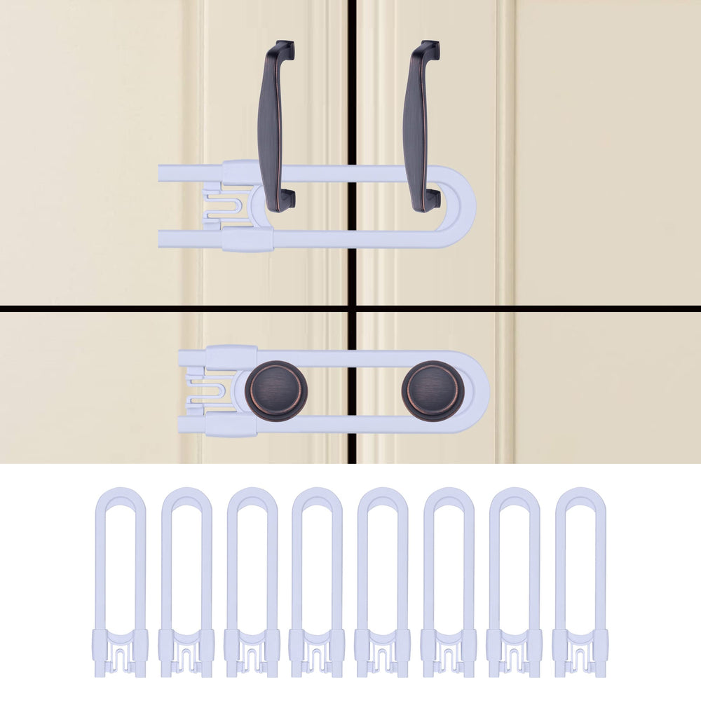 OKEFAn sliding cabinet lock installed on a cabinet demonstrates no drill installation.
