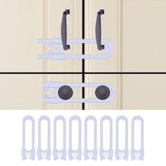 OKEFAn sliding cabinet lock installed on a cabinet demonstrates no drill installation.