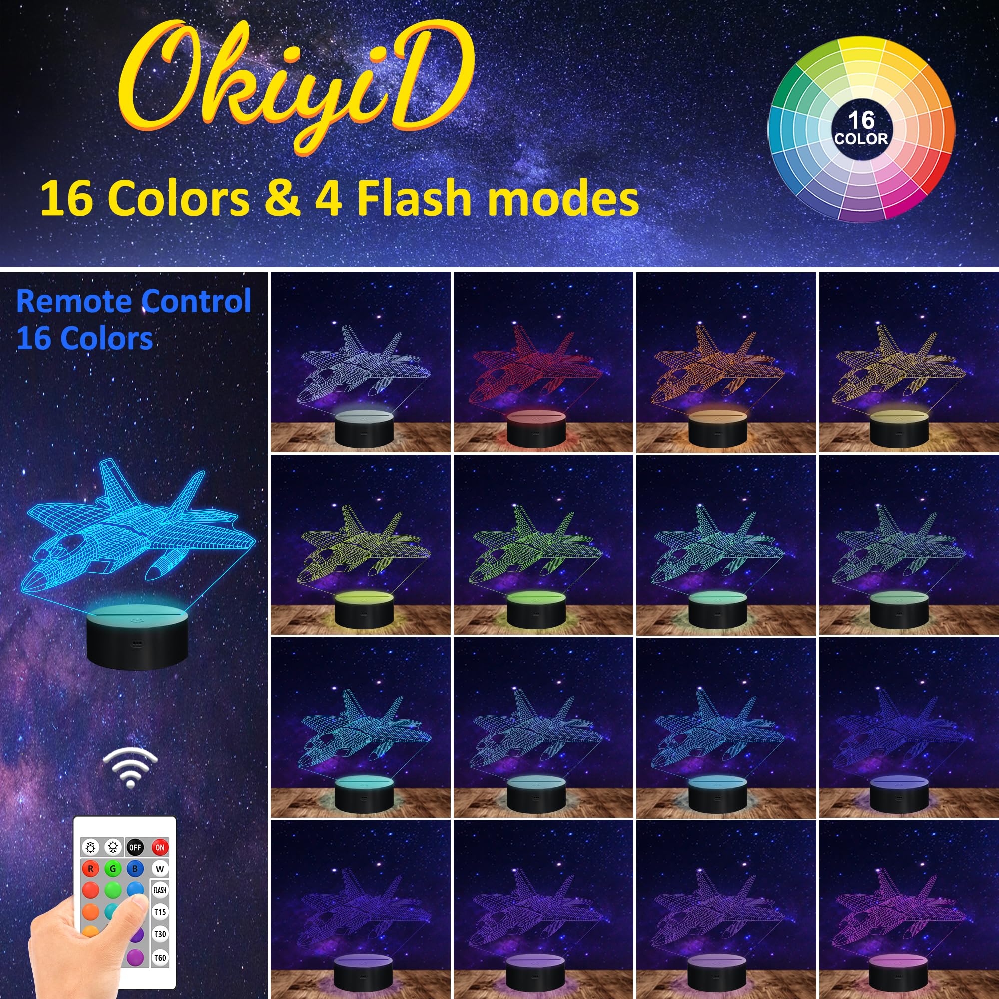 OkiyiD 3D airplane night light with F-22 Raptor illusion for striking decor.