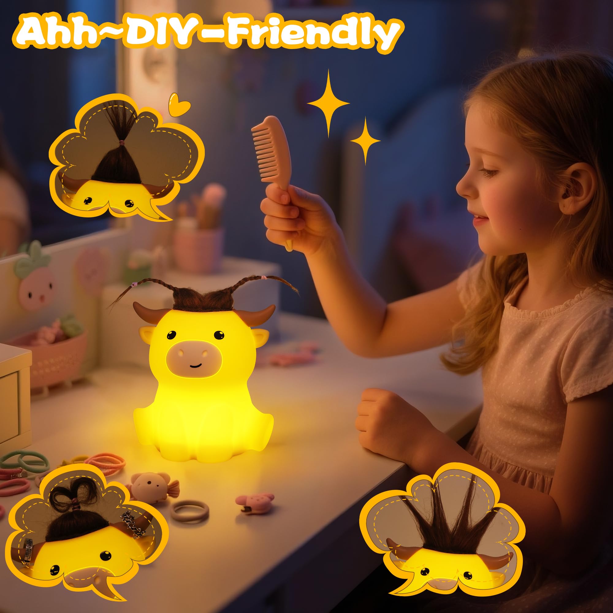 OkiyiD Highland Cow Night Light side angle shows cozy ambient lighting
