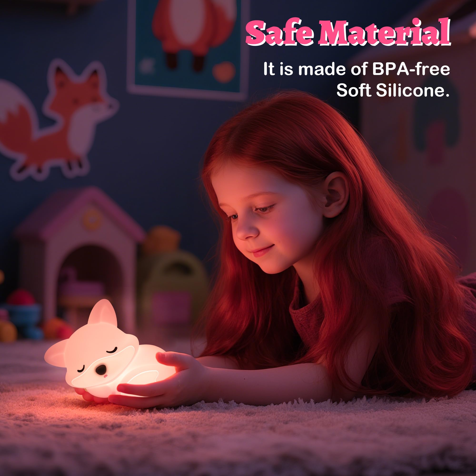 OkiyiD Pink Fox Night Light during bedtime routine with soft light
