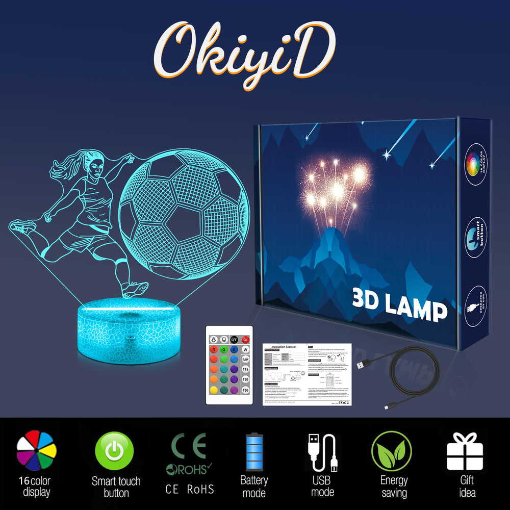 OkiyiD Soccer 3D Illusion Lamp emits a gentle night glow in a girls' bedroom