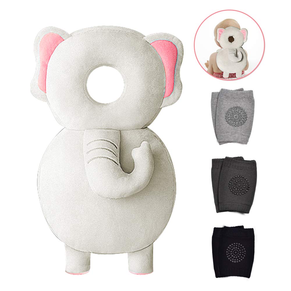 Okydoky head protector with elephant design protects baby's head during crawling