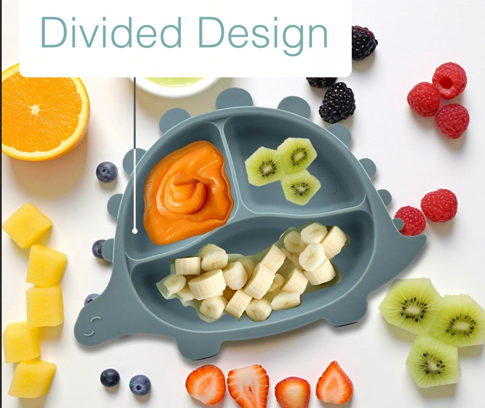 OLA Dinosaur plate closeup reveals colorful dino design that sparks toddler interest