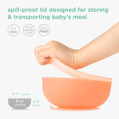 Olababy baby-led weaning bowl close-up highlights soft silicone edge for gums.
