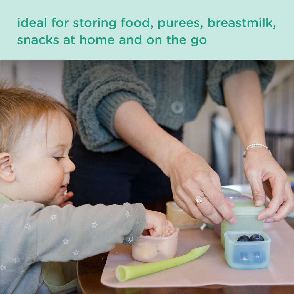 Olababy Clear Sense freezer-safe storage jars with portion markings.